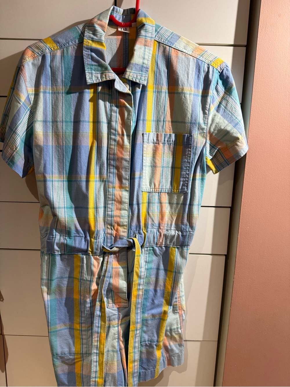 GAP Pastel Plaid Short Sleeve Romper in Blue, Yellow and Peach